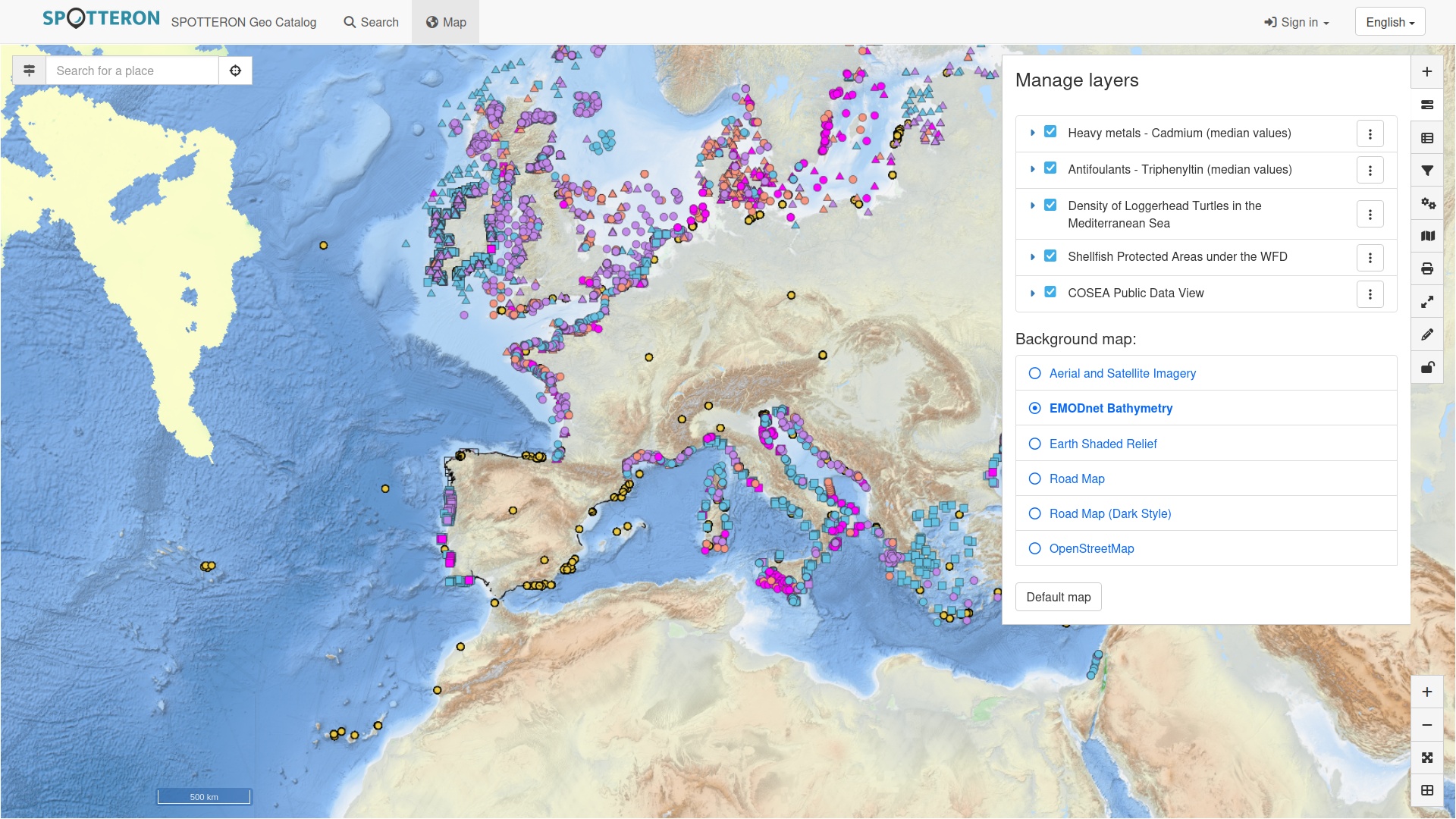SPOTTERON GeoServices Platform Screenshot showing Europe and Data Layers