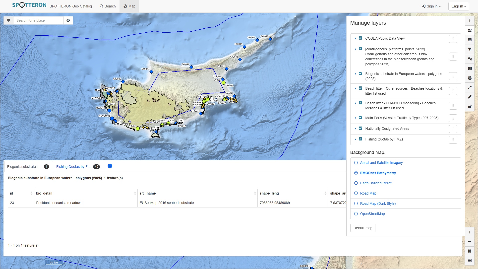SPOTTERON GeoServices Platform Screenshot showing marine data layers and citizen science data