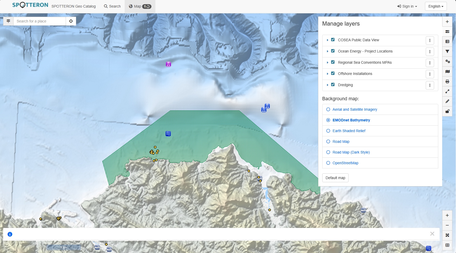 SPOTTERON GeoServices Platform showing interfaces to select data from layers and the citizen science app toolkit