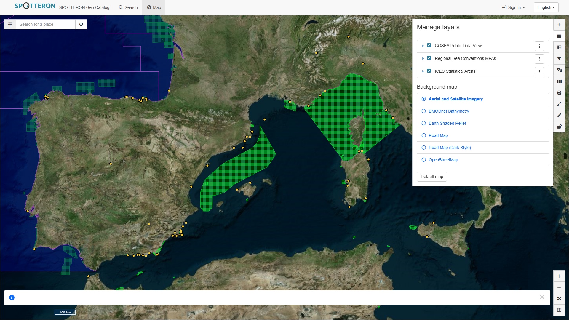 SPOTTERON GeoServices Platform Screenshot with satellite map view, citizen science app data, and marine protected areas